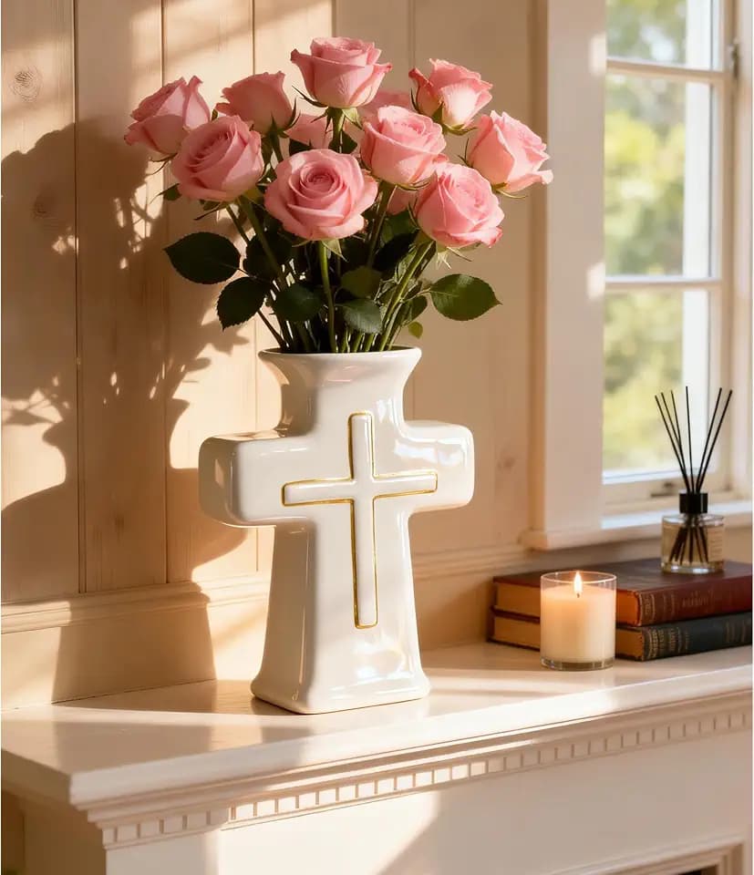 White Ceramic Cross Vase - Elegant Gold Trim Floral Centerpiece, Religious Christian Gifts for Women, Baptism Decorations, First Communion, Wedding, Sympathy & Home Decor