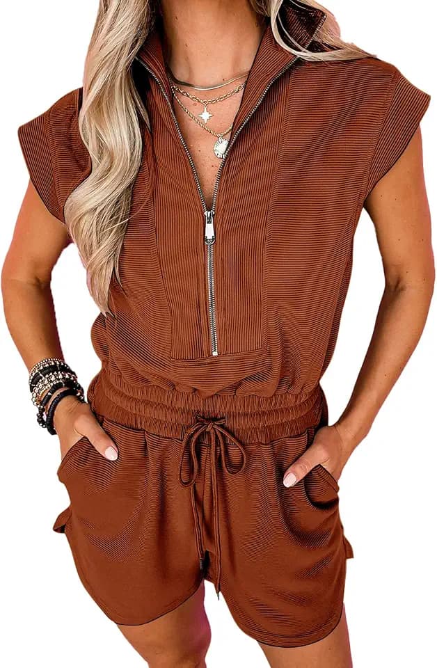 Rompers for Womens Summer Half Zip with Pockets