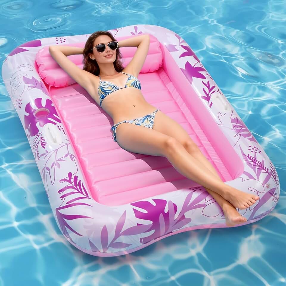 Inflatable Tanning Pool Lounger Float, 70" x 46" Blow up Pool Floats Adult with Pillow and Drink Holder, Sunbathing Tanning Bed Water Sun Tan Tub for Backyard Beach (Pink)