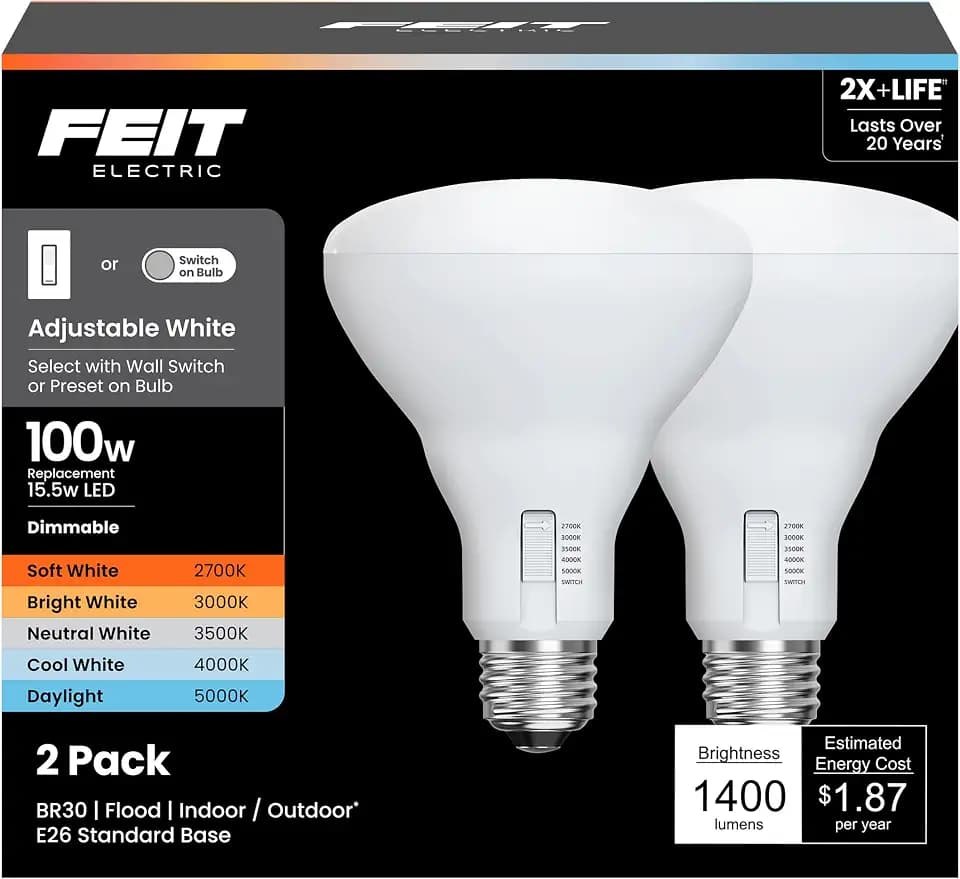 Feit Electric BR30 LED Light Bulbs, 100W Eq, Dimmable, 5CCT 6Way, 2 Pack