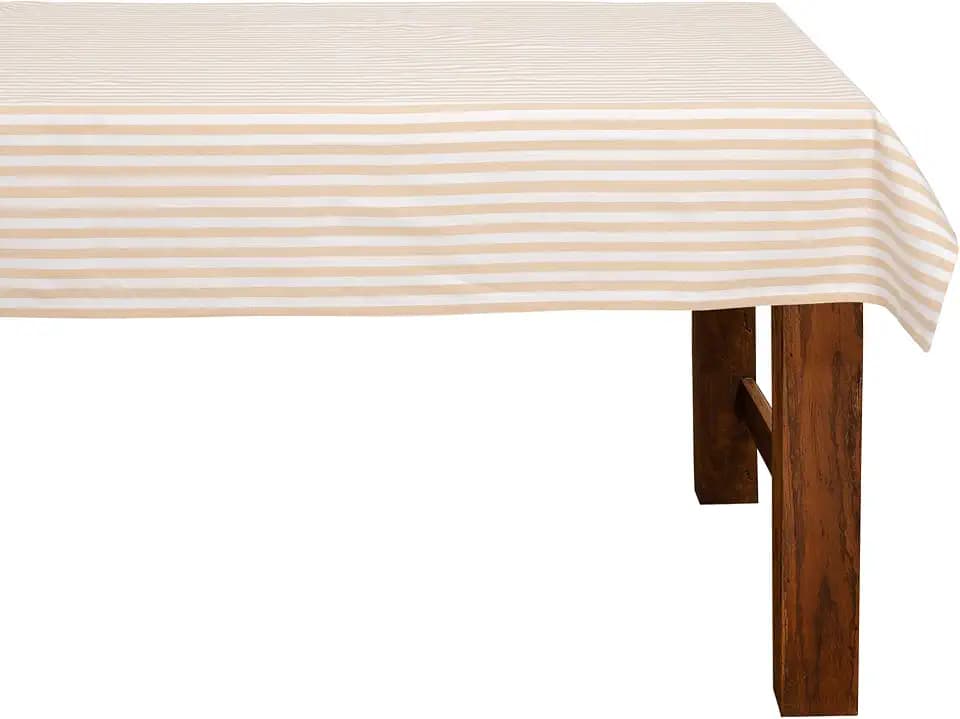 FILU Tischdecke 140 x 220 cm Beige/Weiß gestreift (Farbe und Größe wählbar) - hochwertig gefertigtes Tischtuch aus 100% Baumwolle