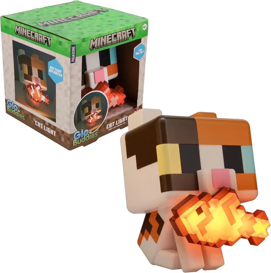 Paladone Minecraft Cat GloBuddies Light, 15cm Tap‑to‑On Lamp with Light‑Up Fish, AA Battery Powered, Officially Licensed