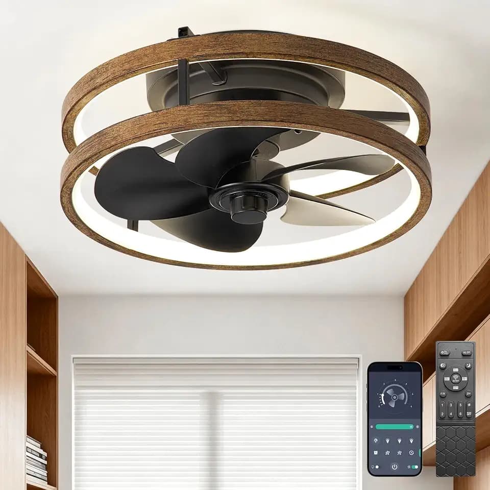 13" Small Low Profile Ceiling Fan with Light, Remote Wood