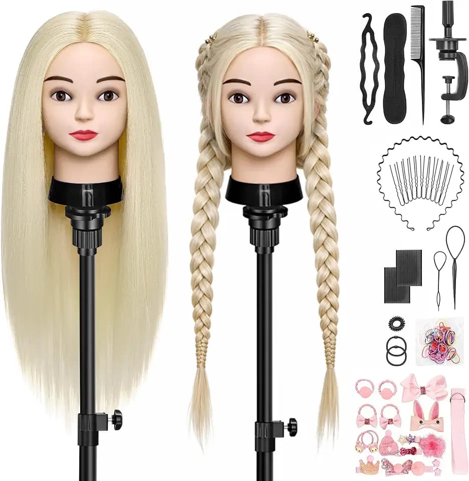 TwoWin 60 cm Frisierkopf Echthaar Blond, 24 Zoll Frisurenkopf 80% Echthaar | Übungskopf Friseur Trainingsköpfe mit Tischklemme, DIY Haar Zubehör Styling, Geeignet zum Glätten, Locken, Dauerwelle