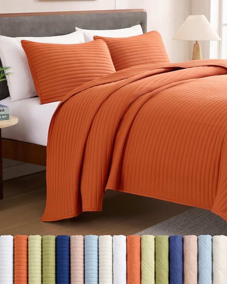 Quilt Set Queen Size - Boho Bed Set, Striped Stitch - Terracotta, 90" x 96"