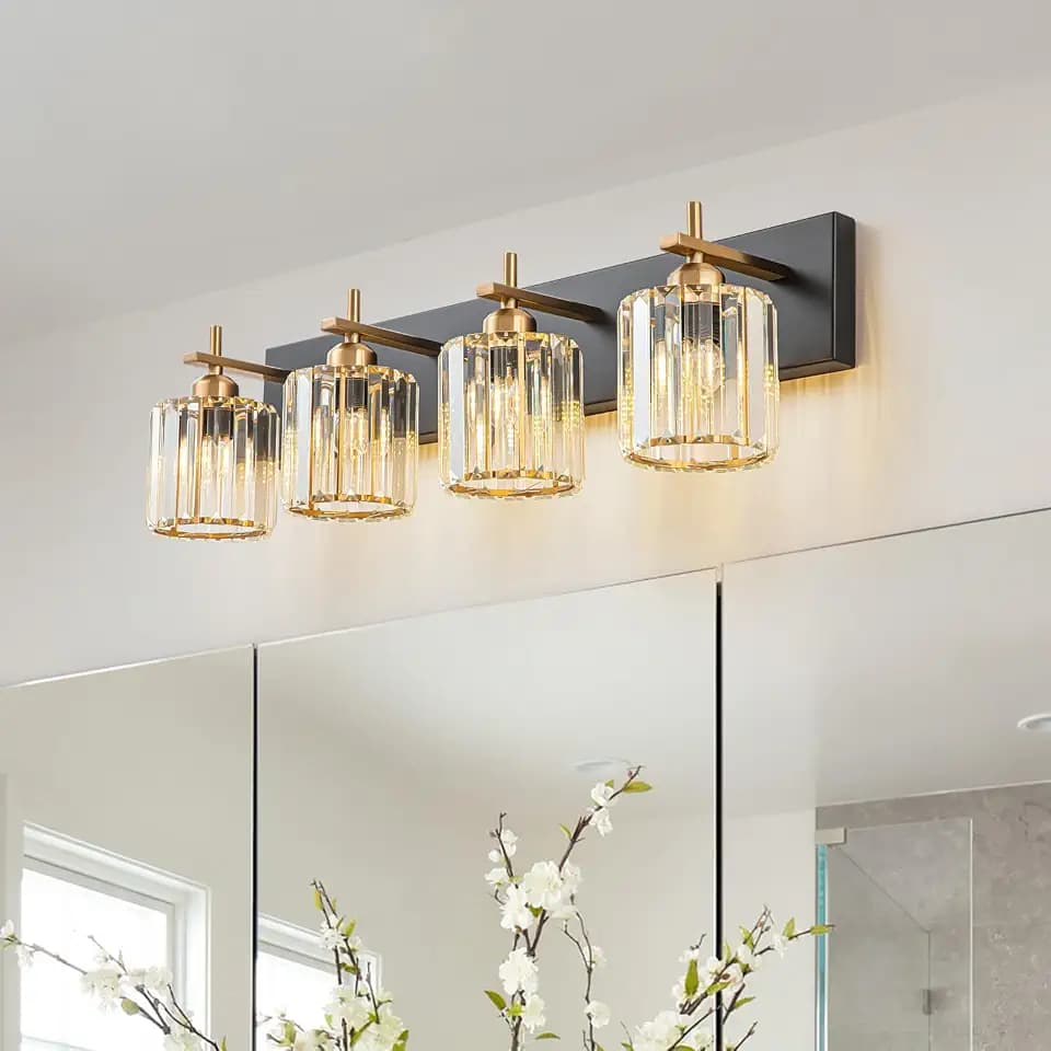 Black Gold Crystal Bathroom Vanity Light, Modern 4-Lights Bathroom Light Fixtures Over Mirror, Crystal Wall Lighting with Polished Gold Finish