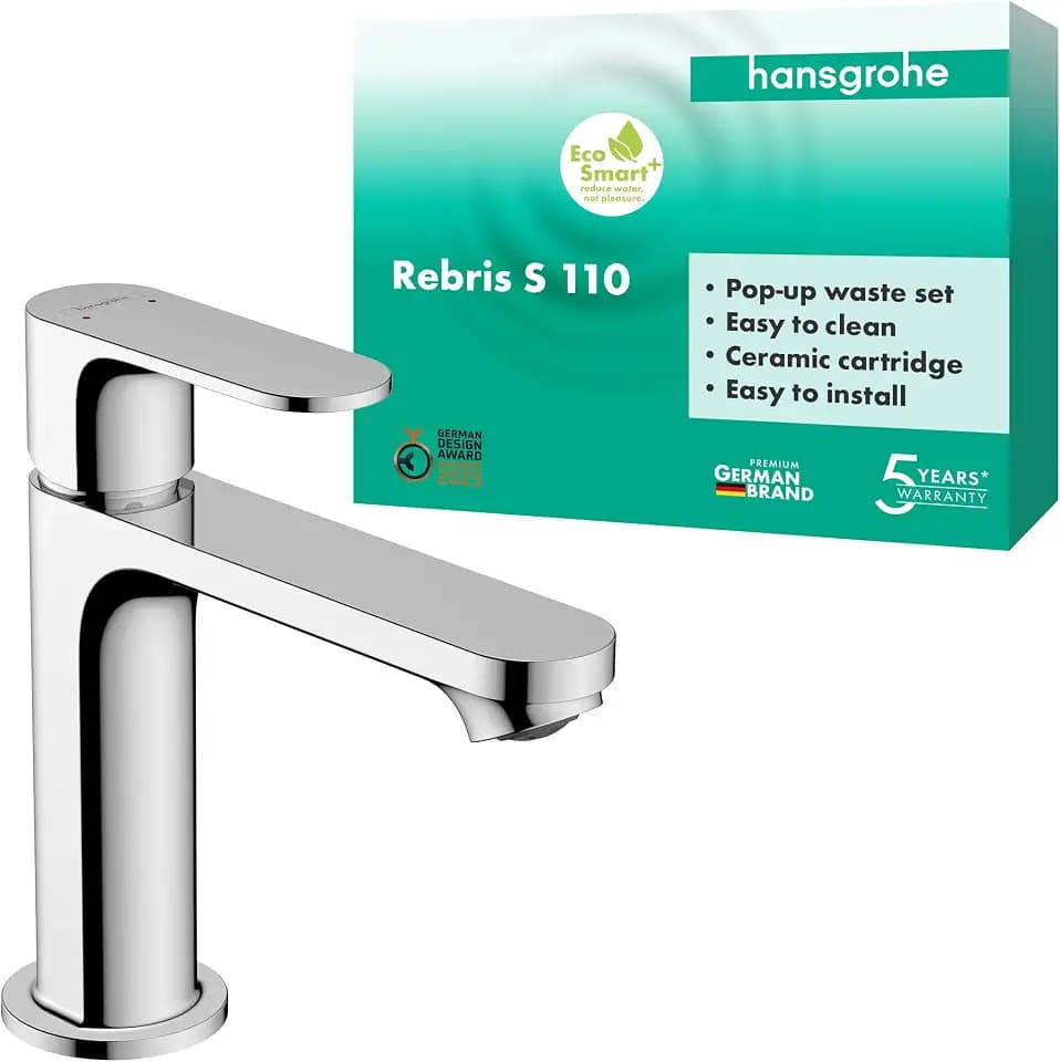 hansgrohe Rebris S - Waschtischarmatur mit Zugstangen-Ablauf, Wasserhahn Bad mit Auslauf Höhe 109 mm, Mischbatterie Waschbecken wassersparend (EcoSmart), Chrom, 72517000