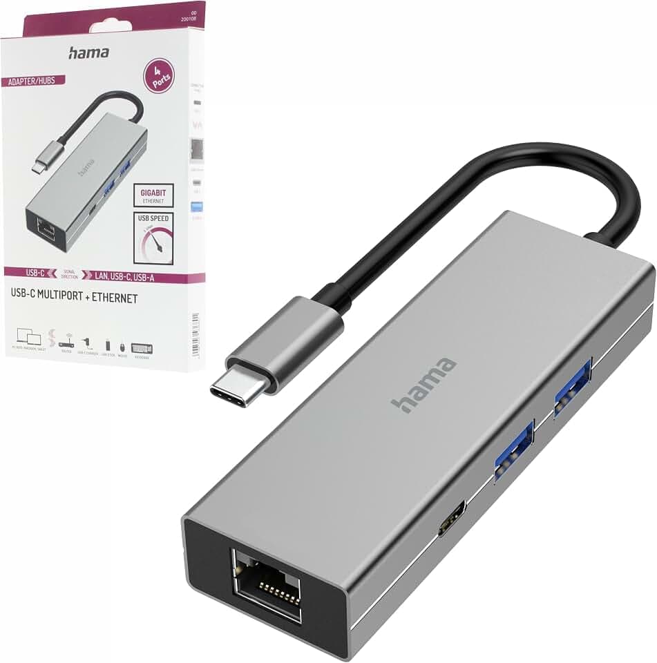 Hama USB C Hub 4 Ports (Multiport Adapter 1x LAN Gigabit Ethernet, 2X USB-A, 1x USB-C zur Übertragung von Daten und zum Laden mit PD, USB C Adapter 4in1 für Büro, Homeoffice und unterwegs) Alu