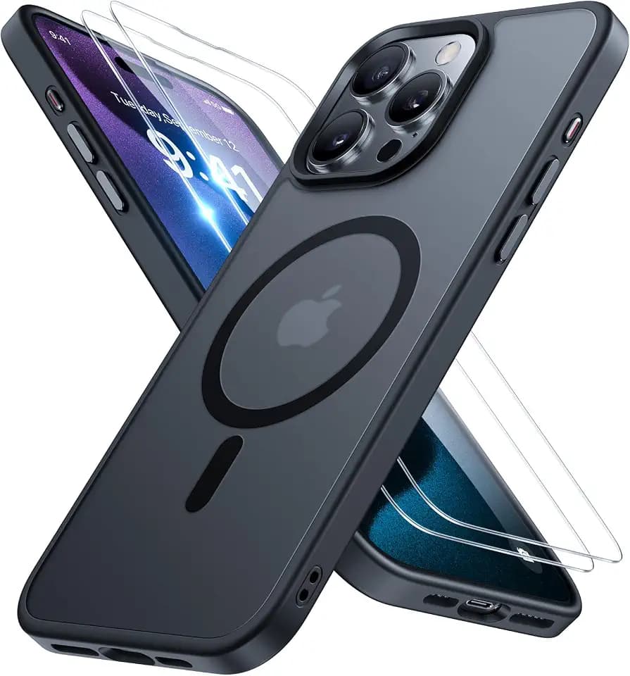 miracase Magnetic for iPhone 15 Pro Max Case 6.7 inch (Compatible with MagSafe)（with 2X Screen Protectors） Military-Grade Protection, Anti-Fingerprint Translucent Matte Phone Cover, Black