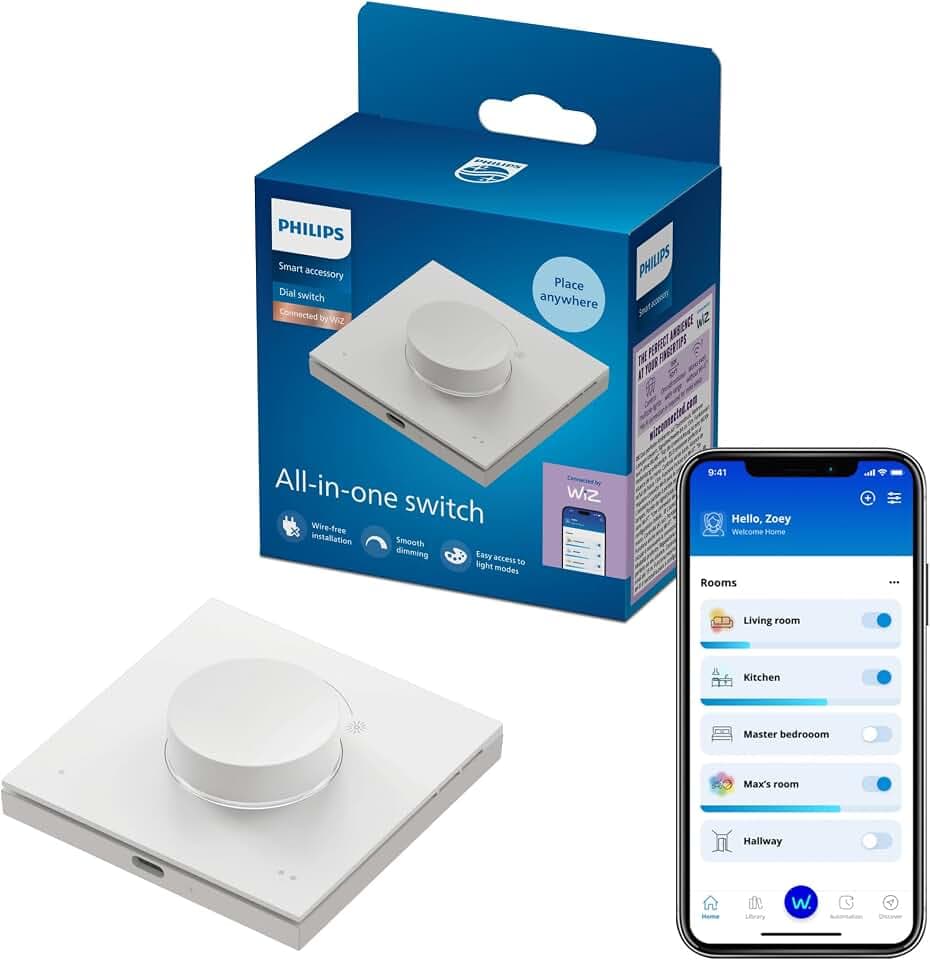 Philips Smart Lighting Smart Dial Lichtschalter, Komfortable Steuerung, Dimmen, Anpassbare Tasten, Wiederaufladbarer Akku, Funktioniert ohne WLAN, Connected by WiZ, 1er Pack