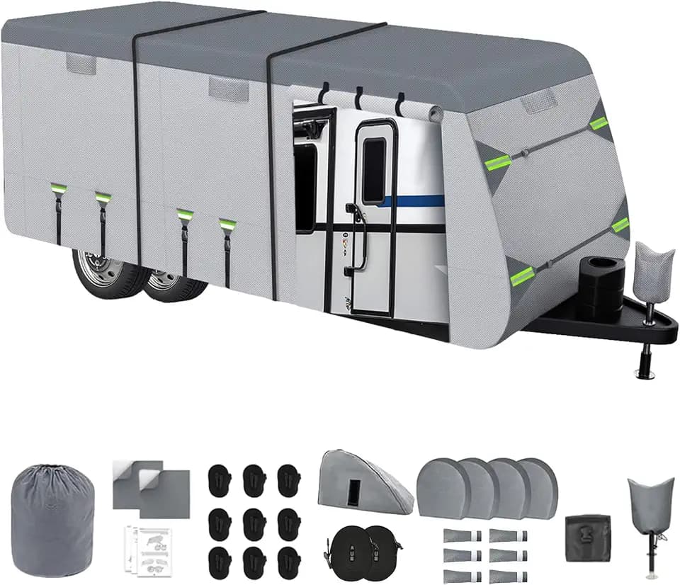 Upgrade 8-Layer Heavy Duty Travel Trailer RV Cover 30-33FT, Fits RVs with Roof Top A/C | All-Weather RV Cover for Snow & Wind Protection Camper Cover,Reinforced Windproof Tearproof