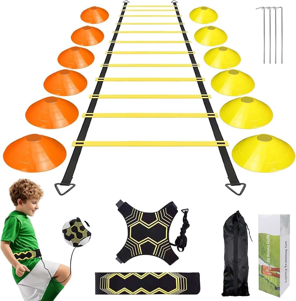 Fußball Training Set mit 6m Agility Leiter & 12 Hütchen – Koordinationstraining für Jugendliche und Erwachsene, Geschenk für Sportler, Balance und Slalom Übungen
