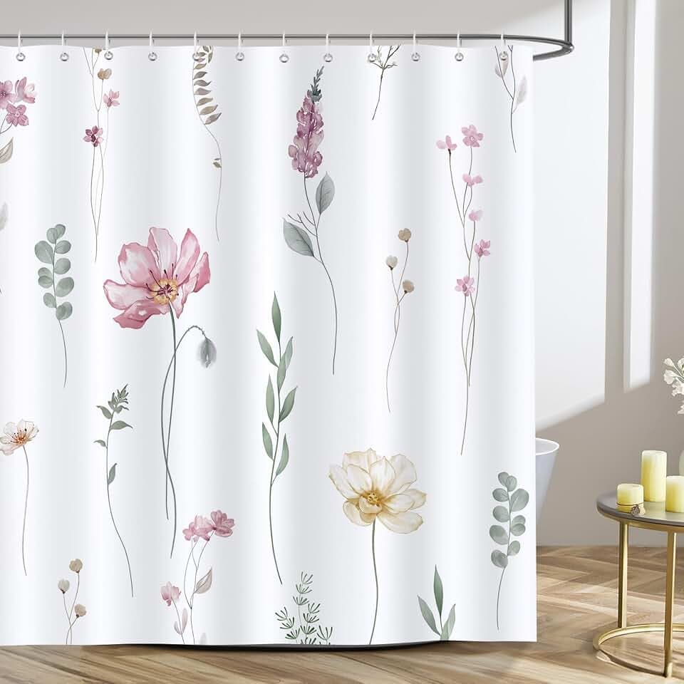 Bonhause Duschvorhang Rosa Beige Aquarell Blumen Blätter Modern Duschvorhänge 180 x 180 cm Anti-Schimmel Wasserdicht Polyester Stoff Waschbar Bad Vorhäng für Badzimmer mit 12 Haken