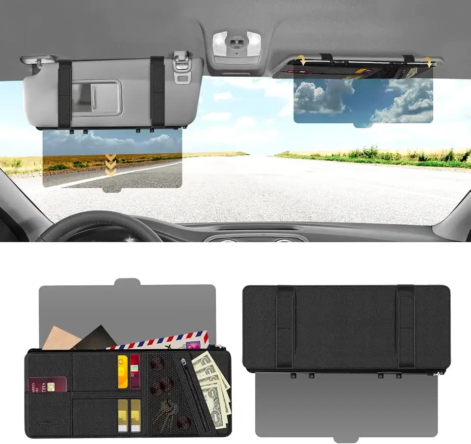 Polarized Sun Visor for Car with Organizer, Upgraded Adjustable 220° Visor Extension, Handmade PU Leather Universal Sun Visor Extender Protects from Sun Glare, UV Rays, Snow Blindness