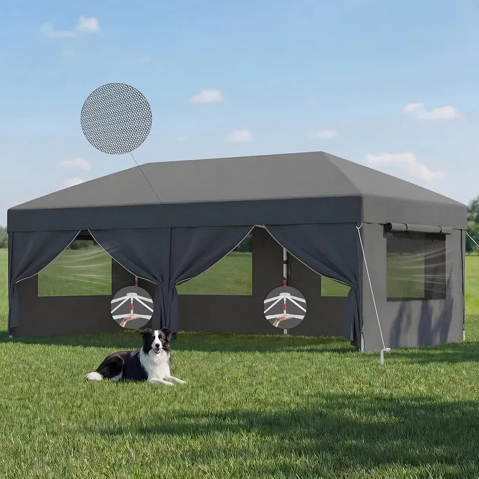 JUMMICO 3x6m Faltpavillon mit Insektenschutz & Belüftung｜Rollos + Lüftungsfenster｜1-Minuten Schnellaufbau｜10cm höhere Dachfläche,Grau