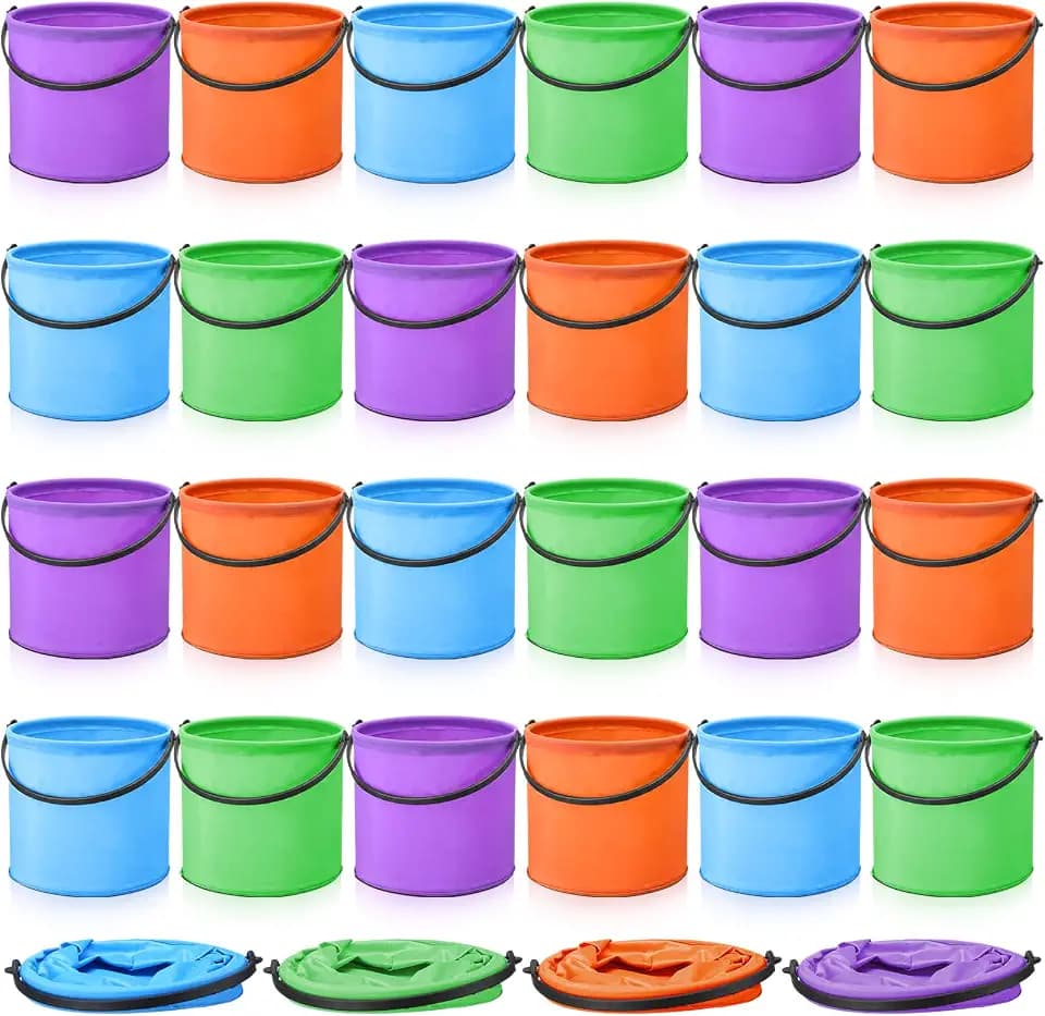 24 Pcs 5 Inch Sand Bucket Bulk Foldable Beach 1.84L Small Collapsible Colorful Pail Bucket Portable Paint Brush Washer for Outdoor Summer Beach Activity Camping Gardening Fishing 4 Colors