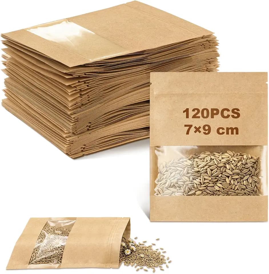 120 Stück Samentüten 7×9cm Kraftpapiertüten mit Fenster Braun Klein