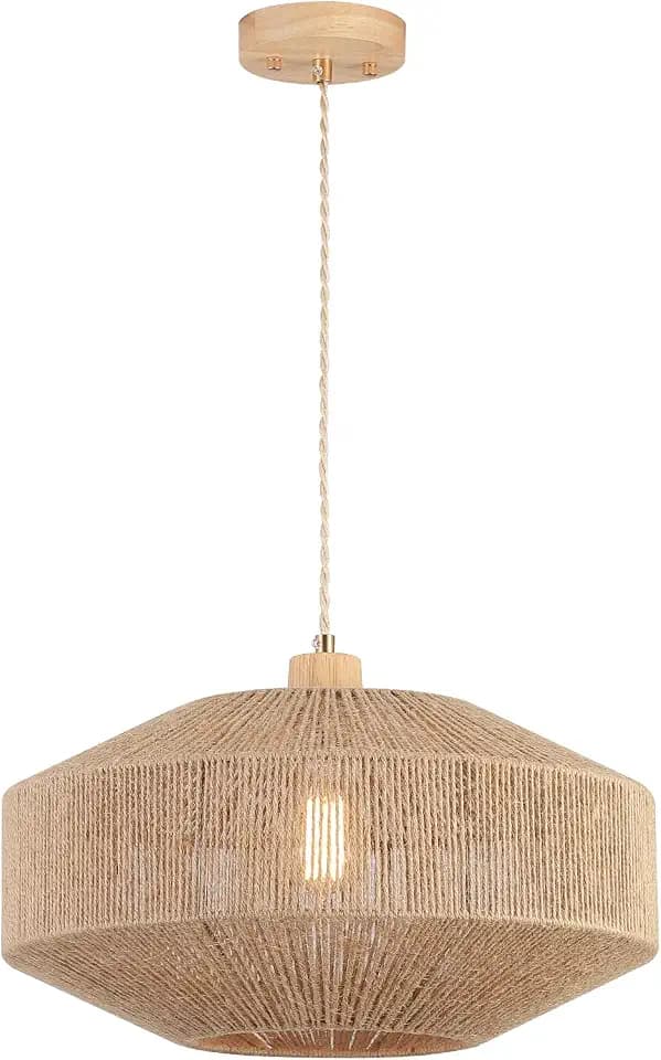 Coastal Large Woven Pendant Light Fixture 17.8 inch One-Light Adjustable Natural Hemp Rope Cage Pendant Lighting for Kitchen Island Dining Room Living Room Farmhouse