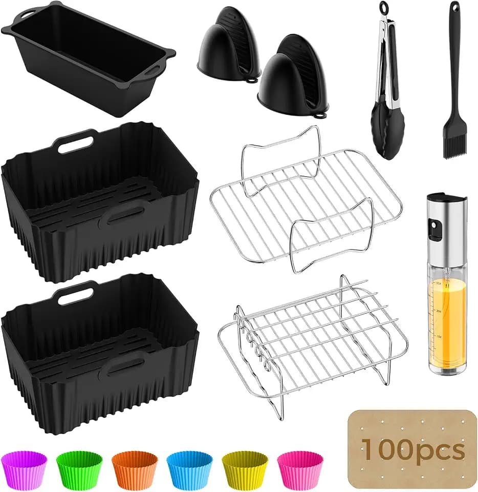 17-Teiliges Airfryer Zubehör für Ninja Dual Zone, Heißluftfritteuse Zubehör für Ninja Foodi Max Dual Zone AF400EU AF400EUCP AF451EU DZ400EU 9,5L 2 Schubladen mit Silikonform Einsätze und Grillset