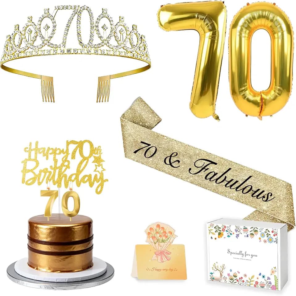 70th Birthday Decorations for Women 70th Birthday Sash and Crown,Gold