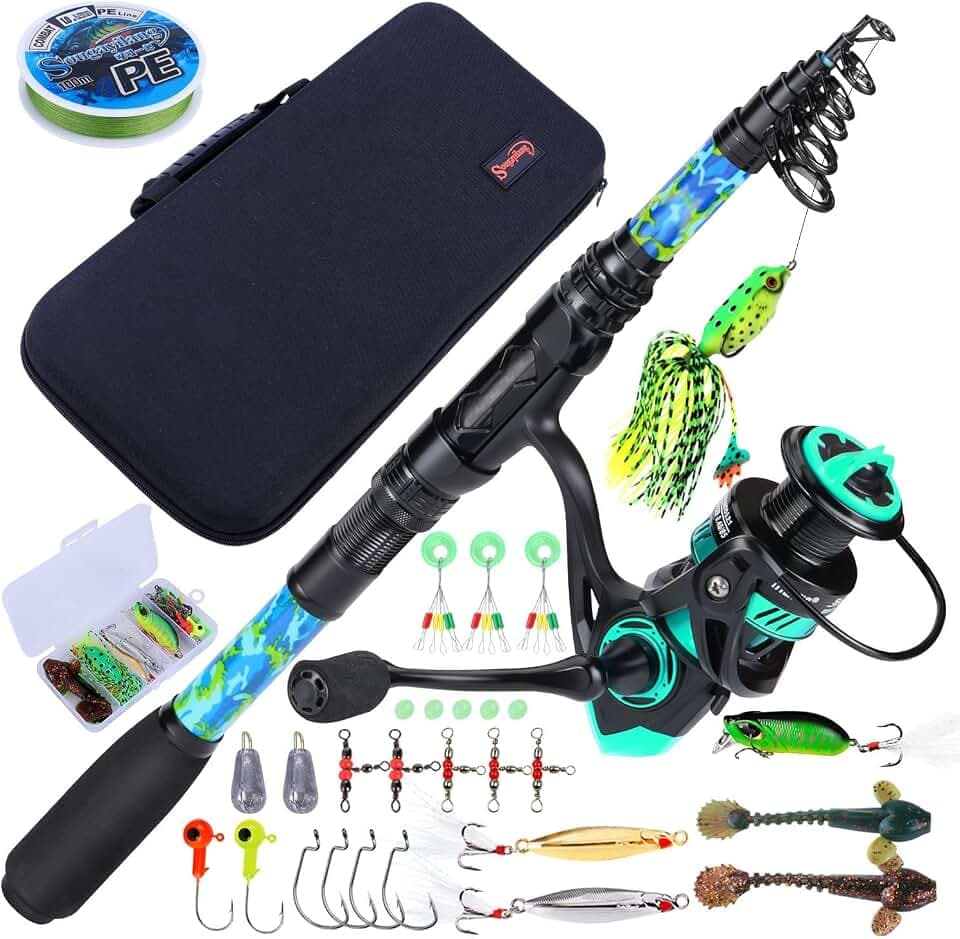 Sougayilang Telescopic Fishing Rod and Reel Combo – Full Kit with Carrier Bag, 11+1 Bearings Spinning Reel, Carbon Fiber Travel Pole for Bass, Trout, Catfish, Redfish – Saltwater Freshwater