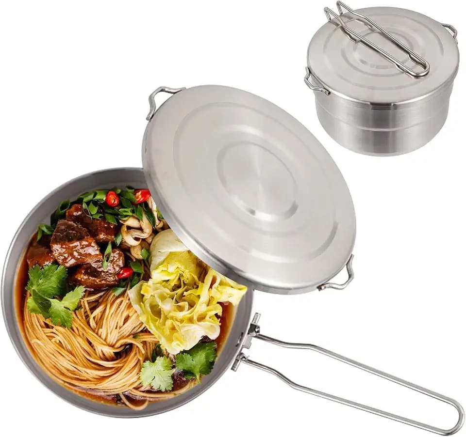 Camping Topf, 1.5L Edelstahl Camping Geschirr mit Deckel & Faltbare Griff Camping Kochtopf Outdoor Geschir Set für Camping Wandern Picknick