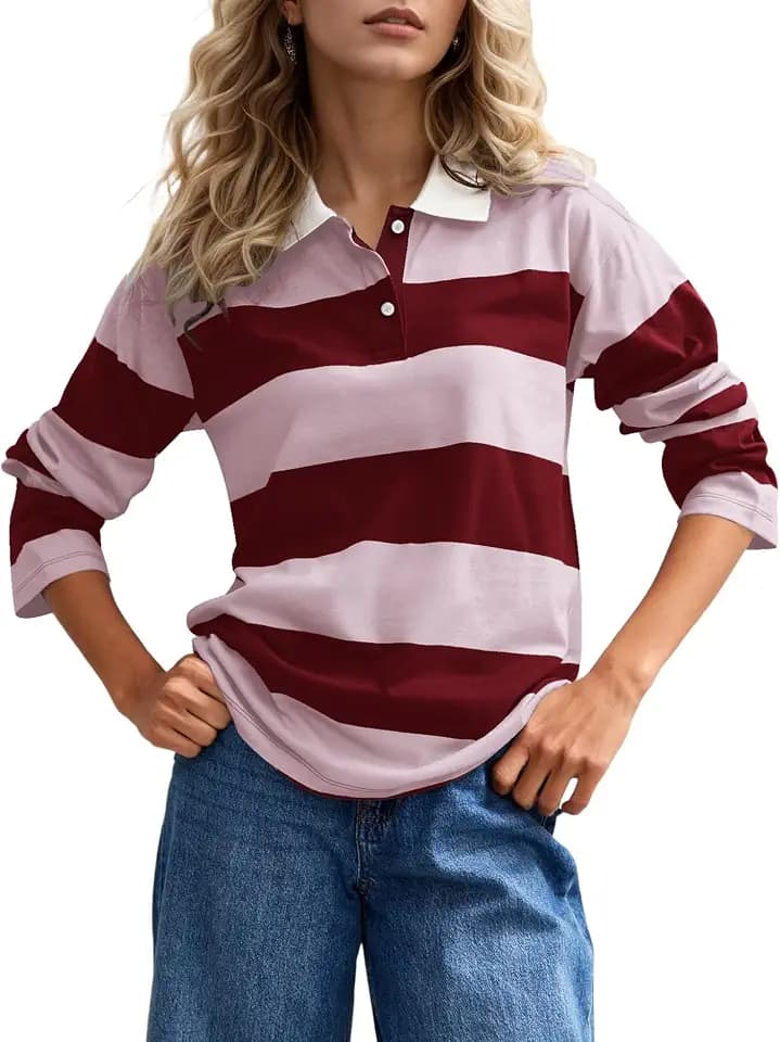 Eutten Women’s Striped Rugby Shirt Long Sleeve Color Block Polo Shirts Lapel Button Collar V Neck Casual Blouse Tops Red Pink