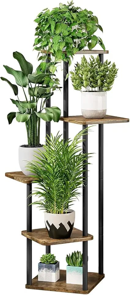 Blumenständer 5-stufiges Pflanzenregal aus Metall für mehrere Pflanzen, hohe Eckblumenhalter für Terrasse, Garten, Wohnzimmer, Balkon, Schlafzimmer(5 Stufen-schwarz + rustikales Braun)