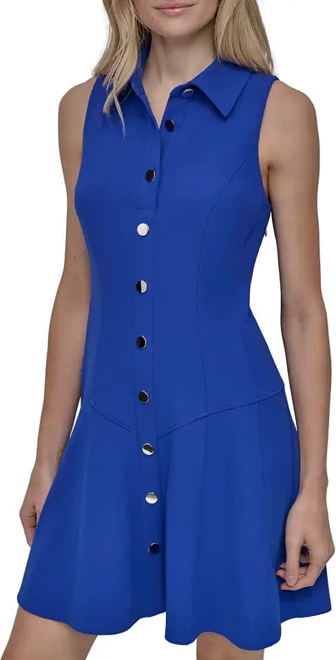 DKNY Women's Sleeveless Collared Neck Button Front Flounce Hem Dress