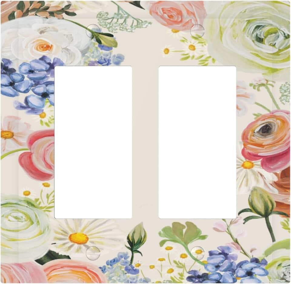 Vintage Country Watercolor Wildflowers 2 Gang Double GFCI Rocker/Decorator Light Switch Cover Plate Decorative Wall Plates Electrical Switchplate Faceplate for Bedroom Bathroom Home Decor 4.9" x 5"