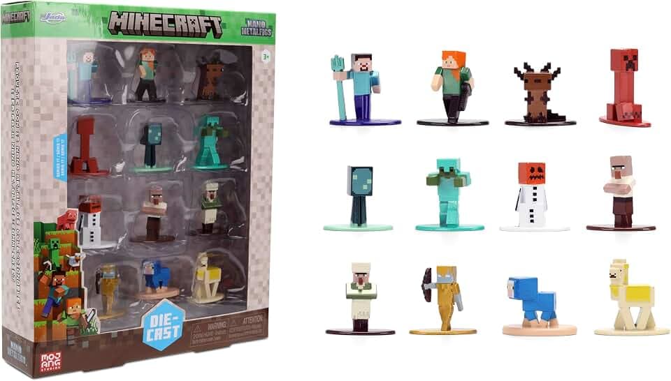 Jada Minecraft Nano Metalfigs Series 17 – Die-Cast Figure 12-Pack – Includes Steve, Alex, Diamond Armor Zombie & More Toys