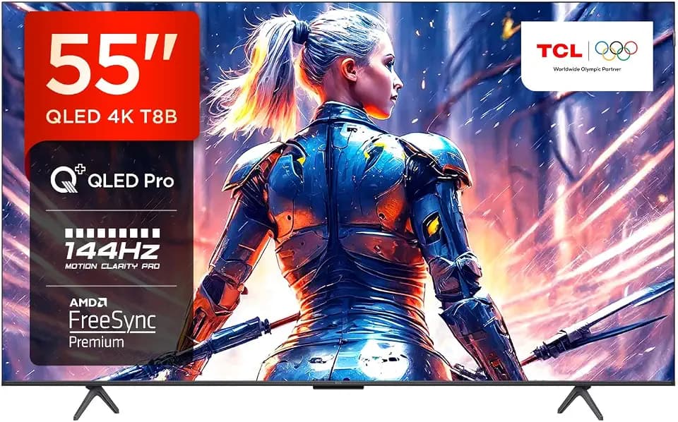TCL 55T8B 55-Zoll QLED Pro 144Hz Onkyo Gaming Fernseher, 4K UHD, HDR Pro, Google TV (Dolby Vision IQ & Atmos, Motion Clarity, Freihändige Sprachsteureung, Kompatibel mit Google Assistant & Alexa)