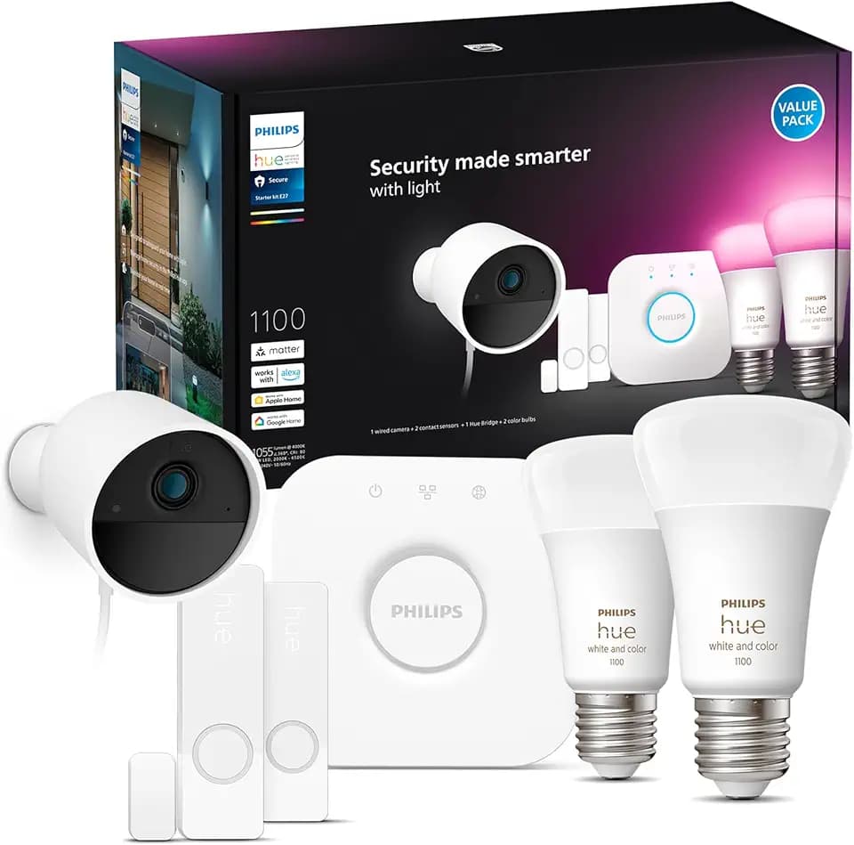 Philips Hue Secure Starter Kit with Bridge, Wired Security Camera, (2) Secure Contact Sensor, (2) 75W A19 Bulb, White & Color Ambiance, Works with Security Center in Hue App