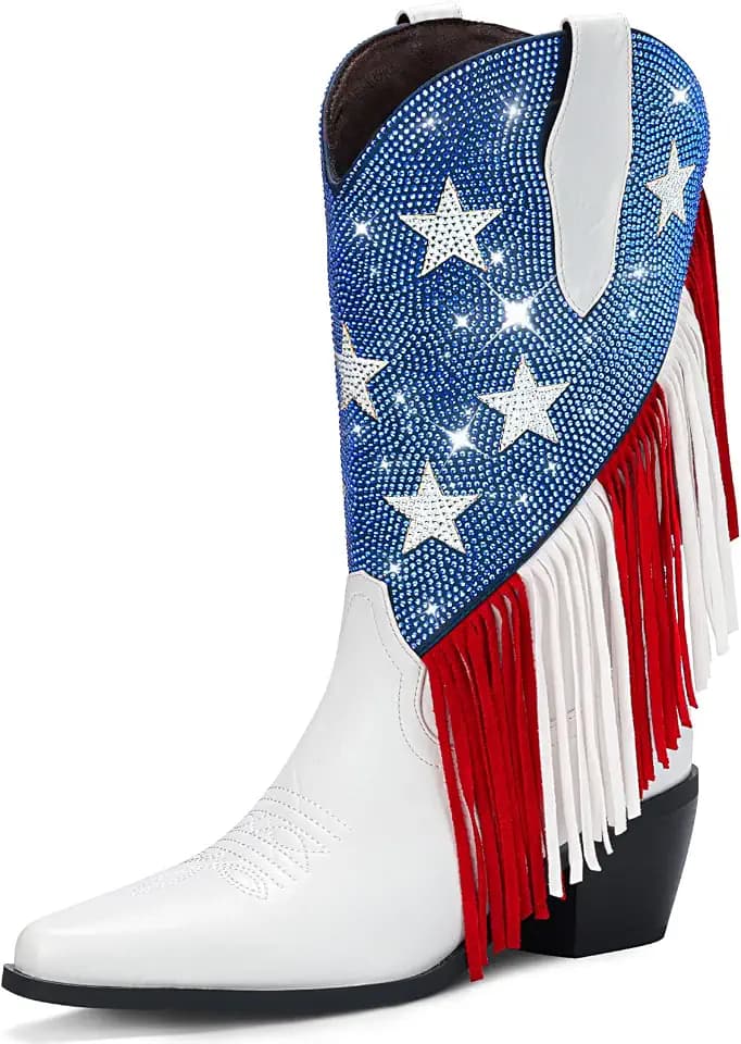 Rhinestone Cowboy Boots for Women With Fringe - Patriotic Game Day Outfits, Western Rodeo Country Music Festival Boots, American Flag Palette Pointed Toe Chunky Heel
