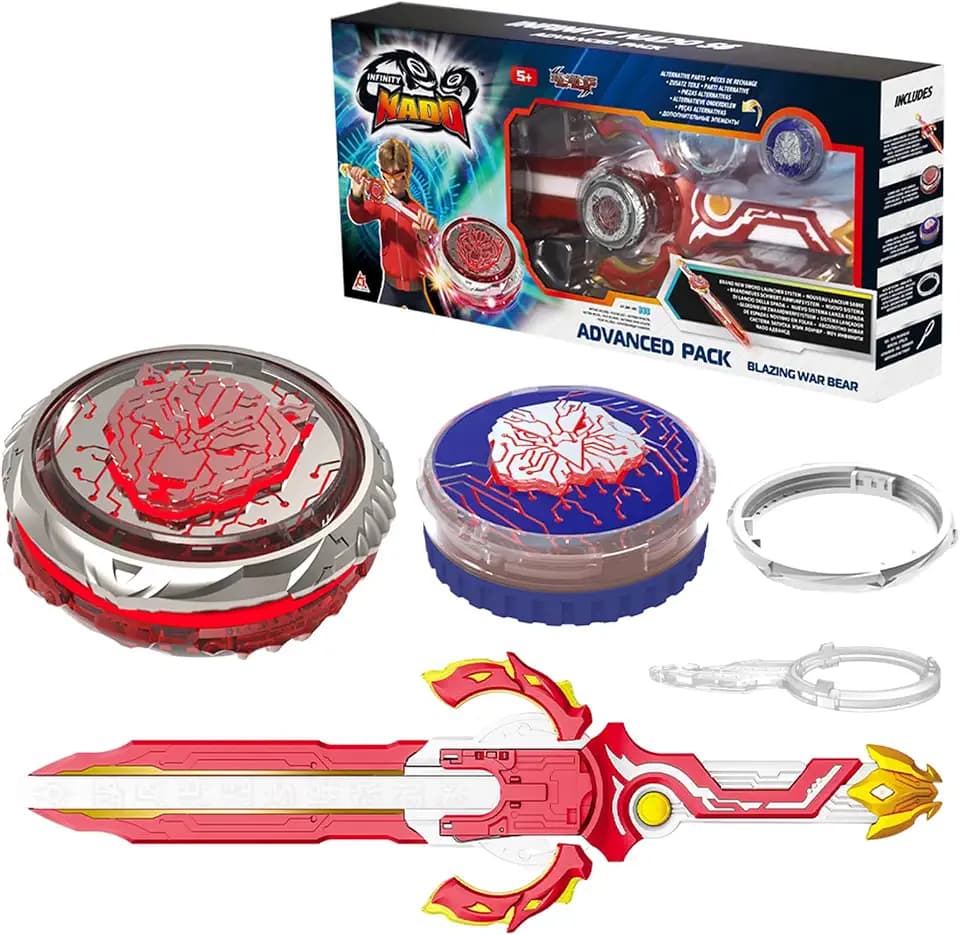 INFINITY NADO Battle Top Set with Sword Launcher, Metal Glowing Battling Tops, Attack Type Spinning Top Game Toy Battle Starter Pack Set for Boys Girls 5+, Advanced Pack Blazing War Bear