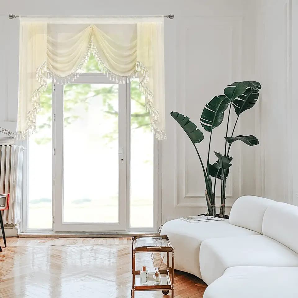 Waterfall Sheer Window Valances for Kitchen - Topper Curtains Tassels Swag Valances for Living Room Rod Pocket Valance Curtains (Off-White, W59 Inch)