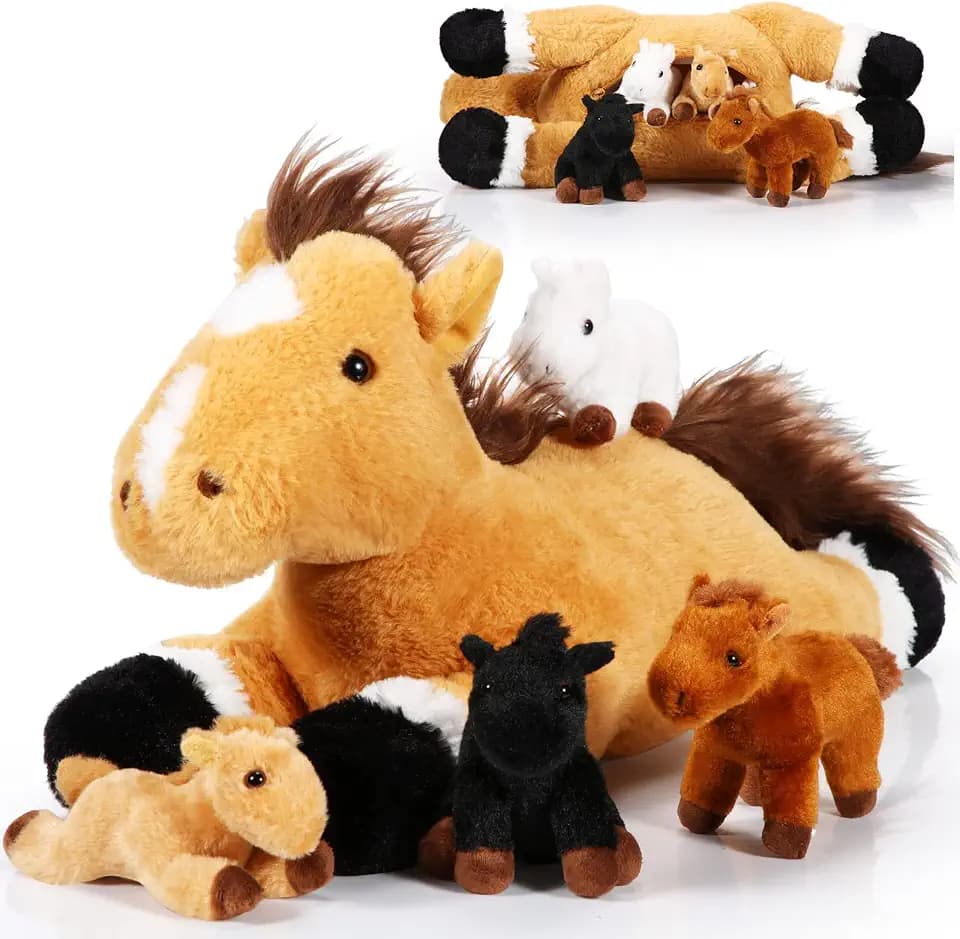Lenwen 5 Pcs Horse Stuffed Animal 18 Inches Mommy Plush with Baby, Cute