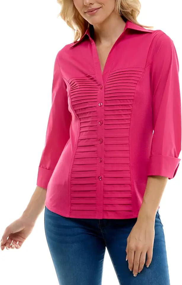 Zac & Rachel Womens 3/4 Sleeve Cuff Sleeve Button Down Top with Ribbed Knit Inserts for a Comfortable Fit Blouse