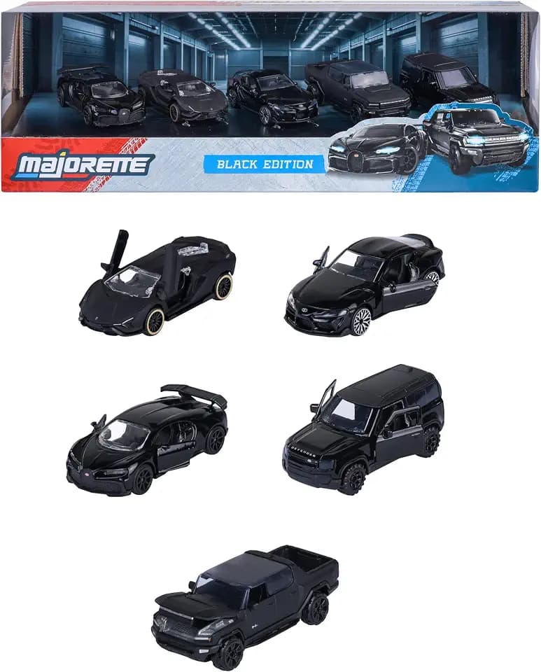 Majorette Auto-Set Black Edition (5 Autos) - 5 Schwarze Modellautos aus Metall mit Freilauf, Federung & zu öffnendem Teil, Spielzeugautos für Sammler und Kinder ab 3 Jahre, je 7,5 cm