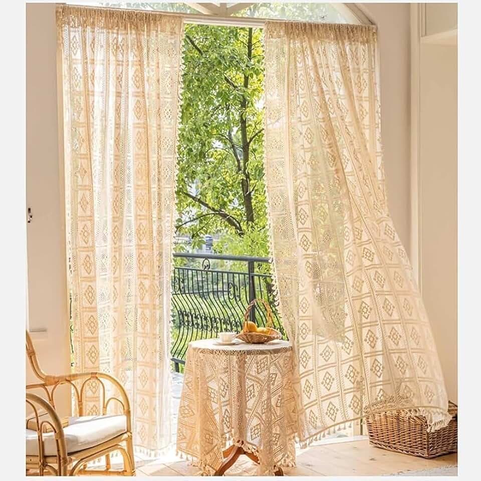 RunFar shop 2stk Boho Vorhang Vintage Landhausstil gestrickte Gardinen Baumwolle Beige mit Quaste Wohnzimmer Modern Scheibengardinen Fensterschal Curtains für Wohnzimmer Schlafzimmer