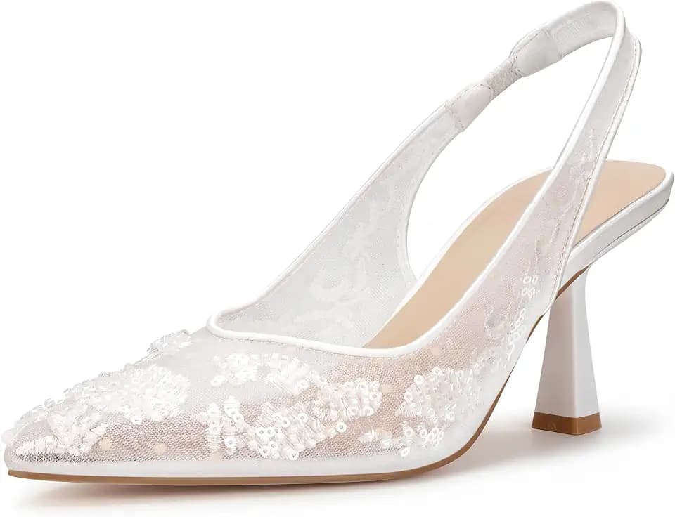 Women’s Wedding Shoes for Bride, 2.5 Inch Kitten Heels, Slingback Pumps, Rhinestone and Embroidered Bridal Heels, Elegant Dress Shoes for Evening and Parties