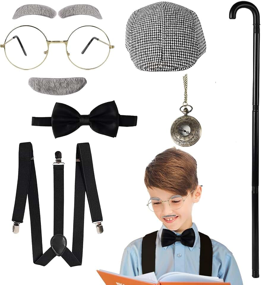 Fraiieon 1920s Old Man Costume Set for Kids 100th Day of School Outfit