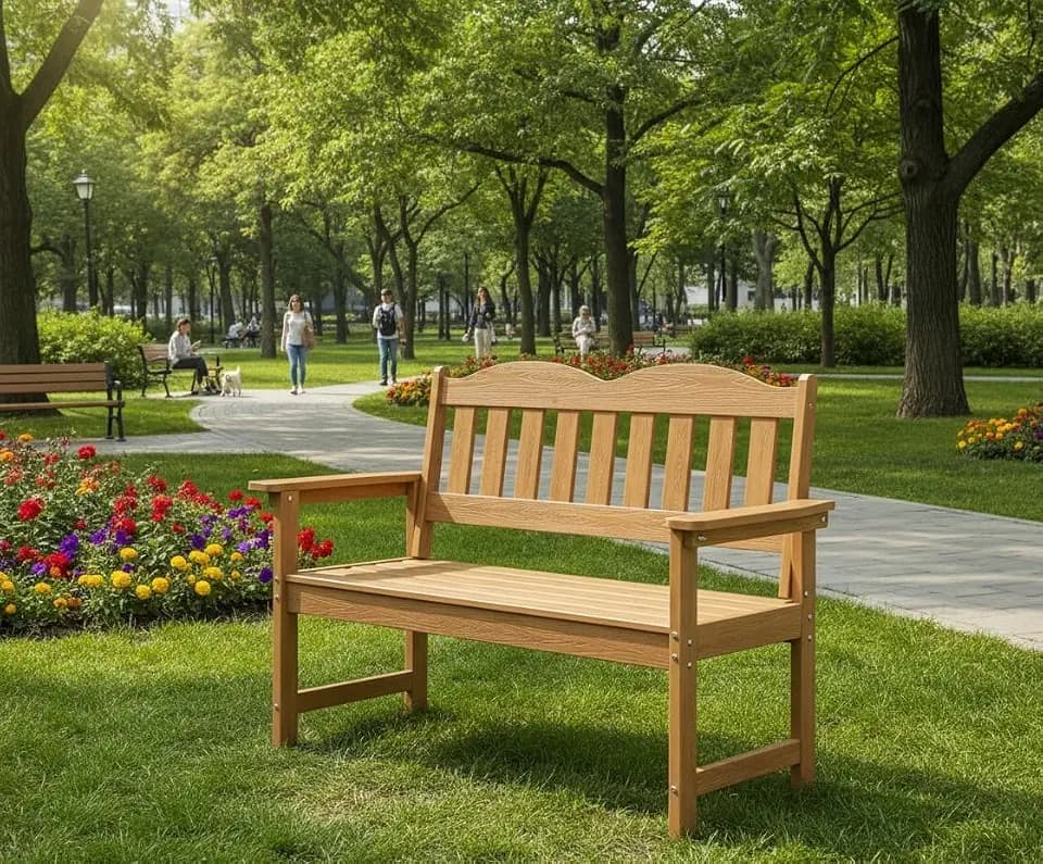4FT Outdoor Wooden Bench, 2-Person Garden Bench,Slatted Patio Loveseat with Curved Backrest and Wide Armrest Ideal for Patio, Porch or Balcony,Natural