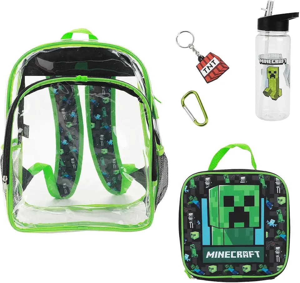 Bioworld Kids Minecraft Creeper 5-Piece Clear Backpack & Lunchbox Set With Water Bottle