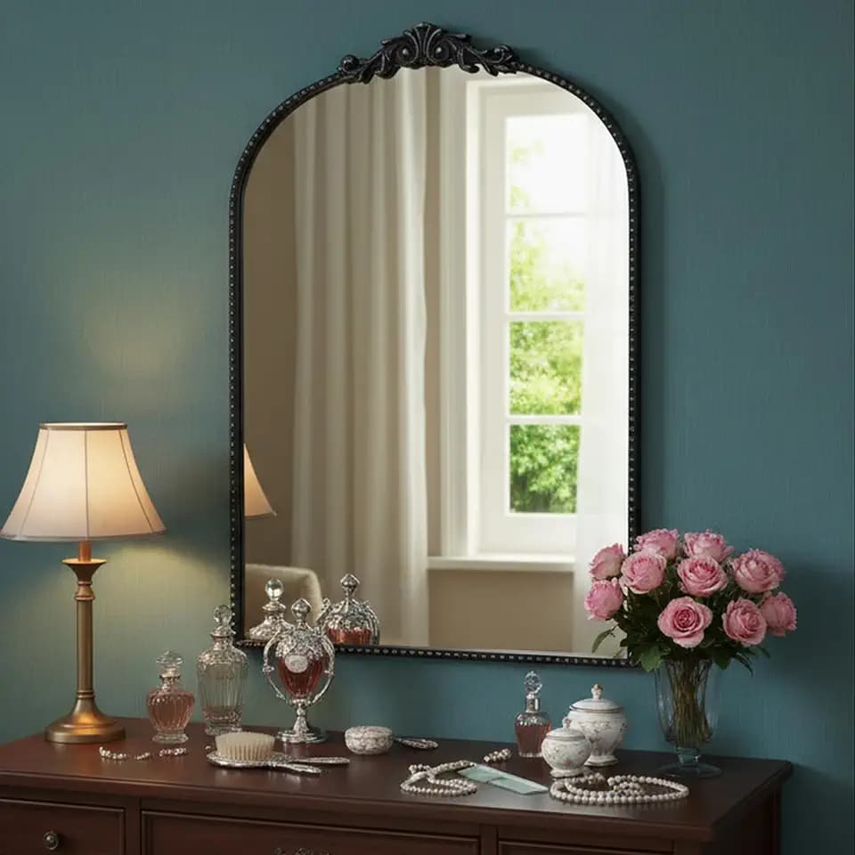 Hunlostten Schwarzer Ornate Bogen Wandspiegel 91x61cm - Vintage Barock Spiegels mit geschnitztem Rahmen, Französischer Stil Dekospiegel für Badezimmer, Wohnzimmer, Kamin, Flur