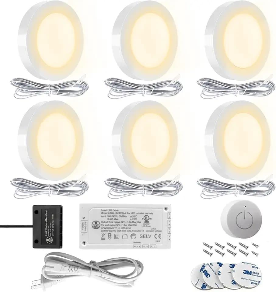 VST Under Cabinet Lighting Plug in with Wireless Touch Dimmer Switch, Recessed or Surface Mount Design, Warm White 3000K 12V 2W(12W Total, 60W Equivalent), 6 Pack Puck Lights Fixtures