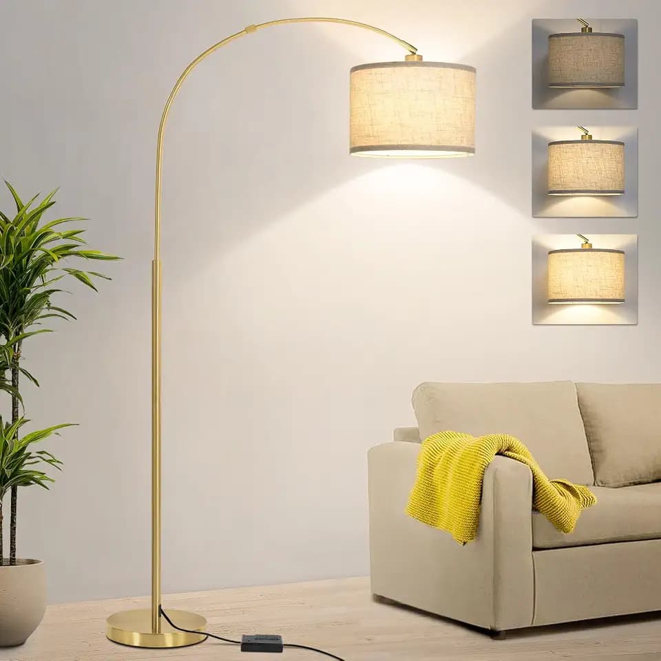 Gold Arc Floor Lamp with Dimmer, Dimmable Floor Lamp with Adjustable Head