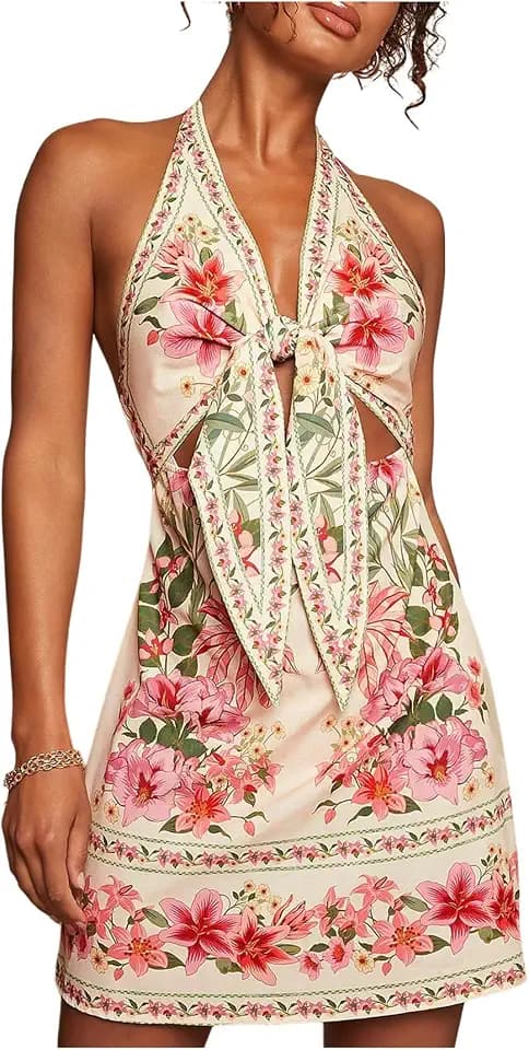 RoseSeek Women's Tropical Halter Dresses Backless Summer Cut Out Dress