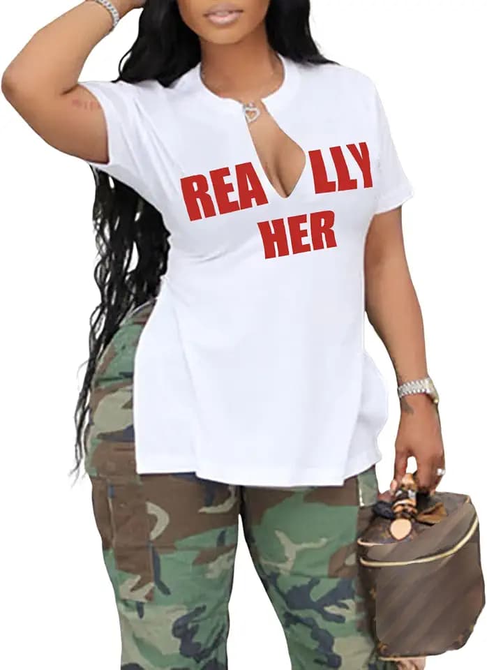LovelyWholesale Womens Graphic Tees Sexy V Neck T Shirts Short Sleeve Side Slit Summer Tops