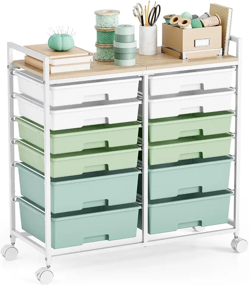 KINGRACK Rollcontainer mit 12 Schubladen und Holzarbeitsplatte, Schubladenschrank für Badezimmer, Küchen, Wohnzimmer und Büros (Grün)